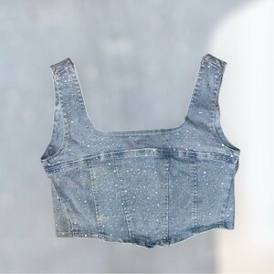 Light Blue Wash Diamante Denim - Crop Top
